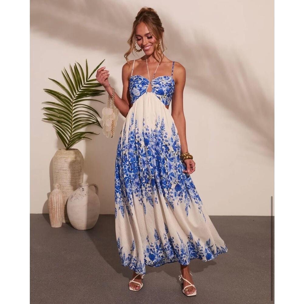Aakaa Adine Floral Print Halter Neck Maxi Dress Size L